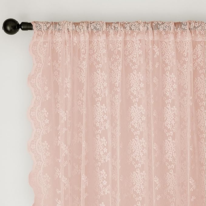 Anmao Vintage Lace Curtains 63 Inches Long 2 Panels Set, Romantic Elegant Light Filtering Semi Sheer Floral Thick Lacy Curtain Drapes for Living Room and Bedroom, Each Panel 55W x 63L, Blush Pink