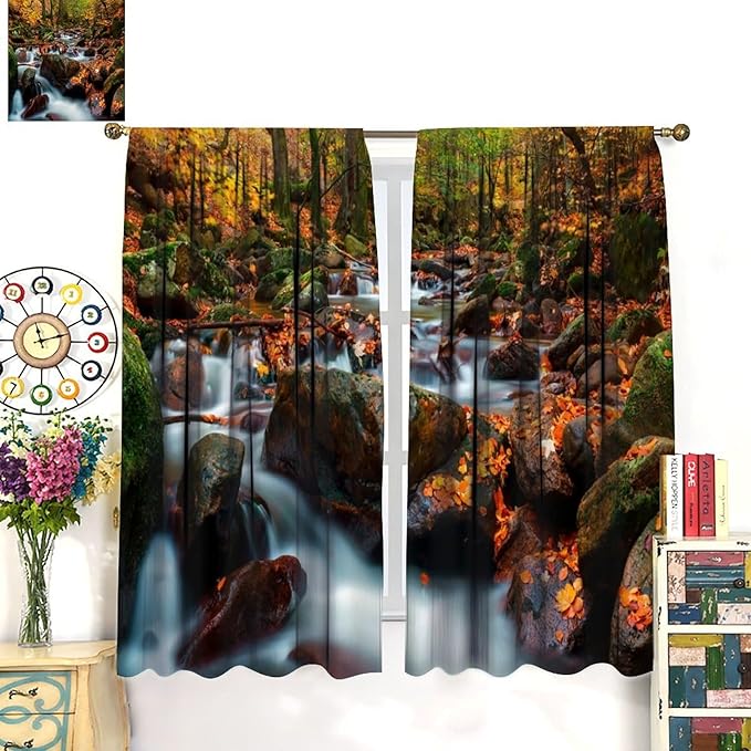 Autumn Waterfall Blackout Windows Curtains, Nature Autumn Forest Farmhouse Window Drapes, for Living Room Bedroom 63" W X 72" L