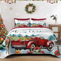 Christmas King Size Quilt Set, Red Vintage Truck Elk Lightweight Bedspread Coverlet with Pillow Shams for Kids and Adults, Winter Forest 3 Pcs Bedding Bed Cover
