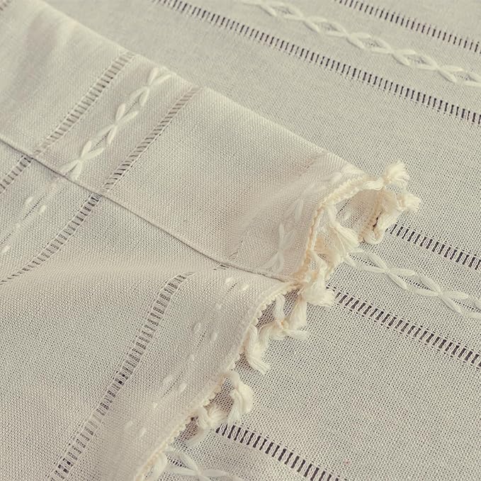 Deeprove Ivory Boho Curtain Valance for Cafe Kitchen Closet Doorway Decor, Sheer Bohemian Farmhouse Cotton Linen Short Panel Tassel Trim Classic Rustic Window Treatments Panel, W52 x L18, 1 Piece