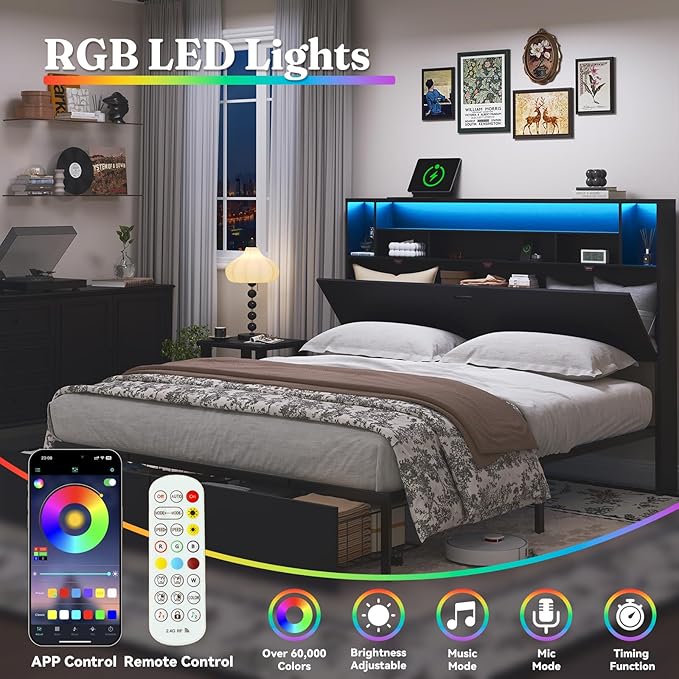 King Bed Frame with Headboard, LED Bed Frmaes with Bookcase Storage and Charging Station, Metal Platform Bed with 2 Storage Drawers, No Box Spring Needed, Black