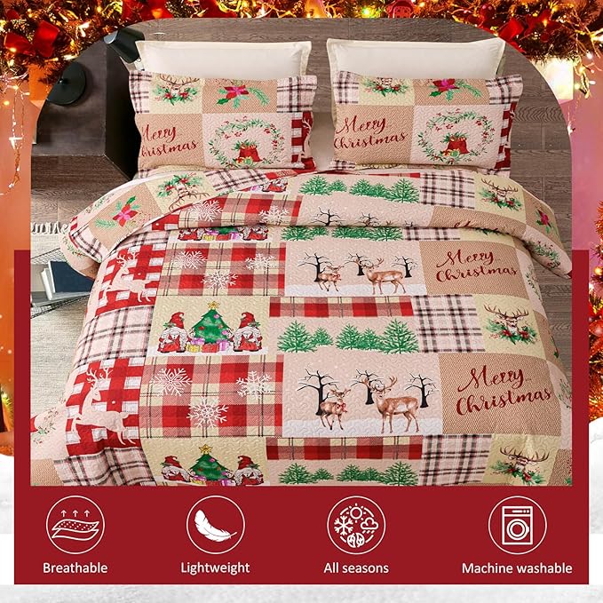 Christmas Bedding Set Queen Christmas Quilt Bedspread,Gnome Santa Claus Plaid Patchwork Xmas Quilt Set Bedding Holiday Christmas Quilts Decor Gift Elk Pattern Lightweight Reversible Bedspread Coverlet