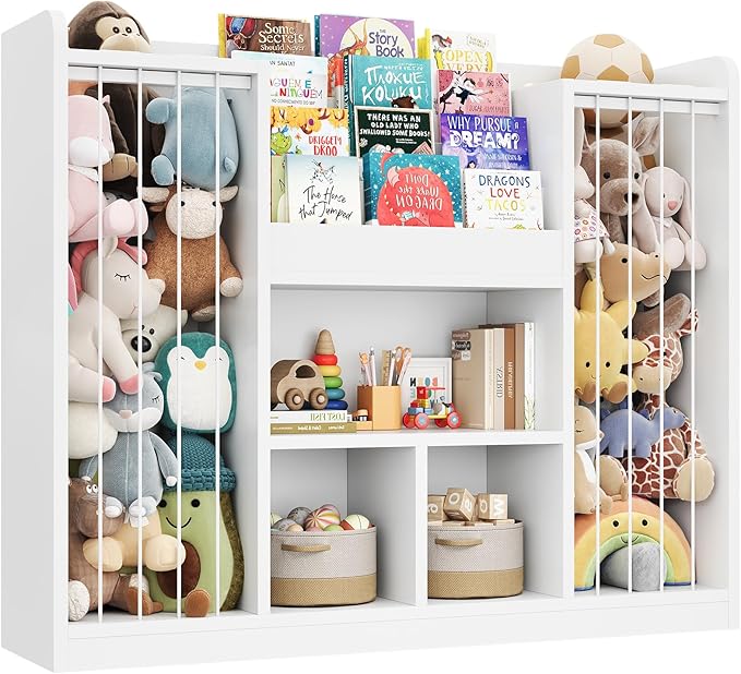 ONBRILL Two Wooden Stuffed Animal Storage, Toddler Toy Storage Organizer with 4-Tier Kids Bookshelf and 3 Open Cube Shlef, Multifunctional Bookcase for Kids Rooms Playroom Nursery (White)