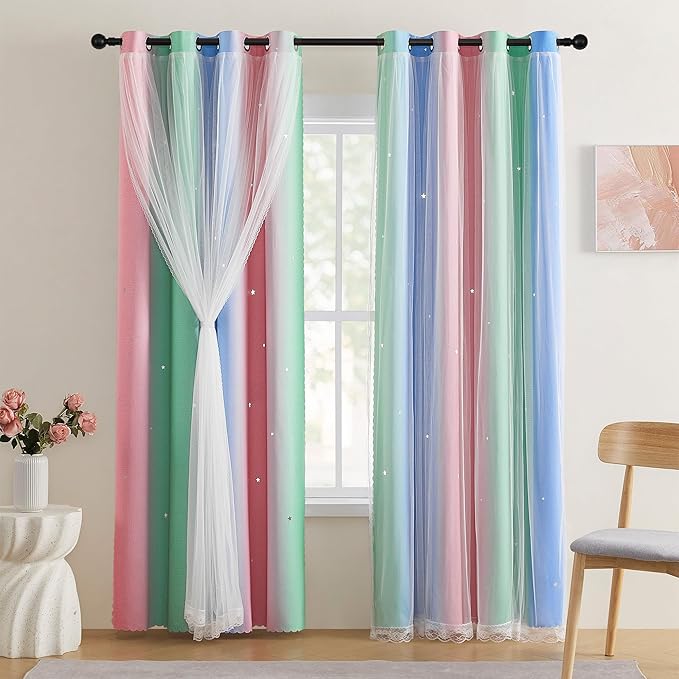 XiDi Short Curtains for Girls Bedroom Decor Kids Blackout Curtains for Nursery Room Darkening Rainbow Princess Unicorn Wall Decals Little Girl Pink Green Blue 52x45 Inches Long 2 Panels Set