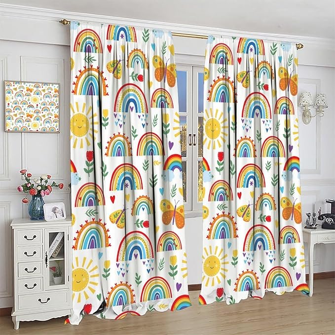 Boho Rainbow Curtains for Kids Nursery Colorful Floral Sun Star Clouds Pastel Bohemian Pattern Print Window Drapes for Girl Bedroom Living Room Kitchen Decor,2 Panel Set,63Wx63H Inch Blackout