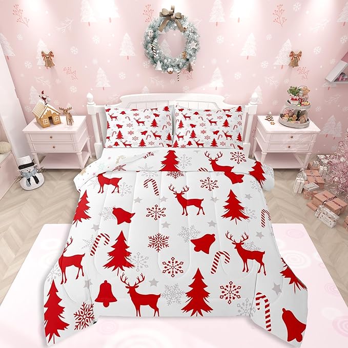 Feelyou Merry Christmas Bedding Set Soft for Boys Girls, Xmas Tree Reindeer Comforter Set Queen Size Candy Cane Bell Duvet Quilt Microfiber Snowflake Bedroom Decor 3 Pcs with 2 Pillow Cases