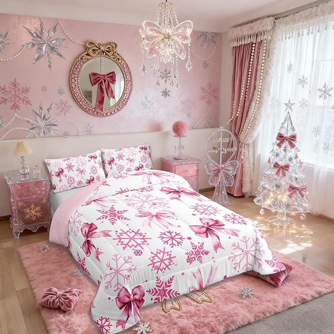 Cute Bow Tie Kids Bedding Set Queen Size,Girly Bowknot Snowflake Dots Comforter Set,Merry Christmas Winter Princess Quilt Comforter,Pink White Bedroom Duvet Insert,2 Pillowcases