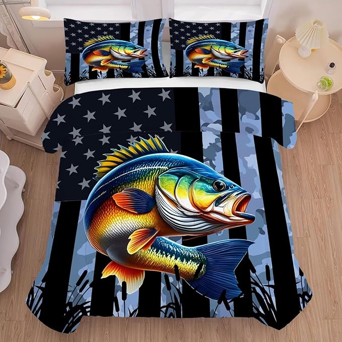Bass Fish Comforter Set Full/Queen Size American Flag Bedding Set for Men Boys Teens Grey Fishing Lover Bedroom Camouflage Farmhouse Bed Set Wild Quilted, 1 Comforter 2 Pillowcases