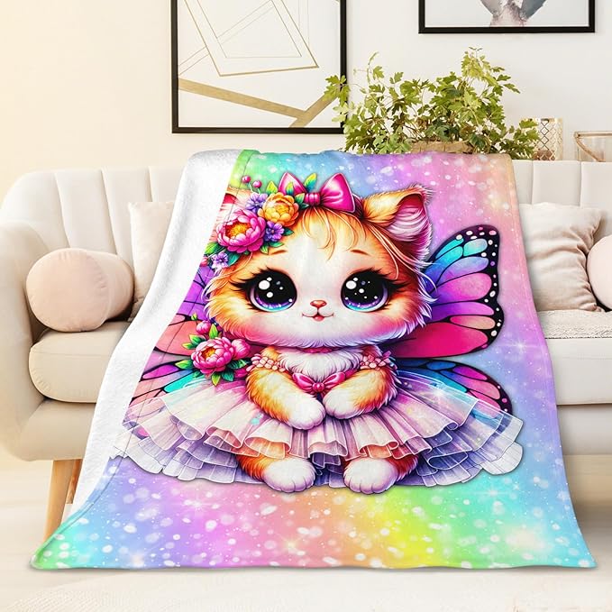 Girls Cat Blanket, Throw for Toddler Kids Daughter Cat Lovers 30x40 Inches Soft Cozy Rainbow Print Throw Blankets for Sofa Couch Bed Travel Cute Birthday Gift