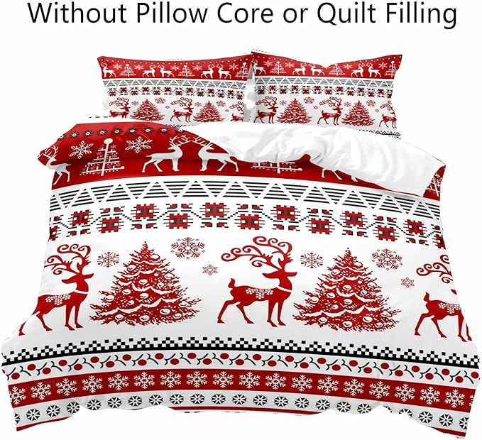 LUVIVIHOME 3PCS Christmas Duvet Cover Full Bedding Set, Red and White Striped Duvet Cover, Reindeer Deer Christmas Tree Snowflake Winter Holiday Xmas New Year Christmas Comforter Cover, 2 Pillow Shams