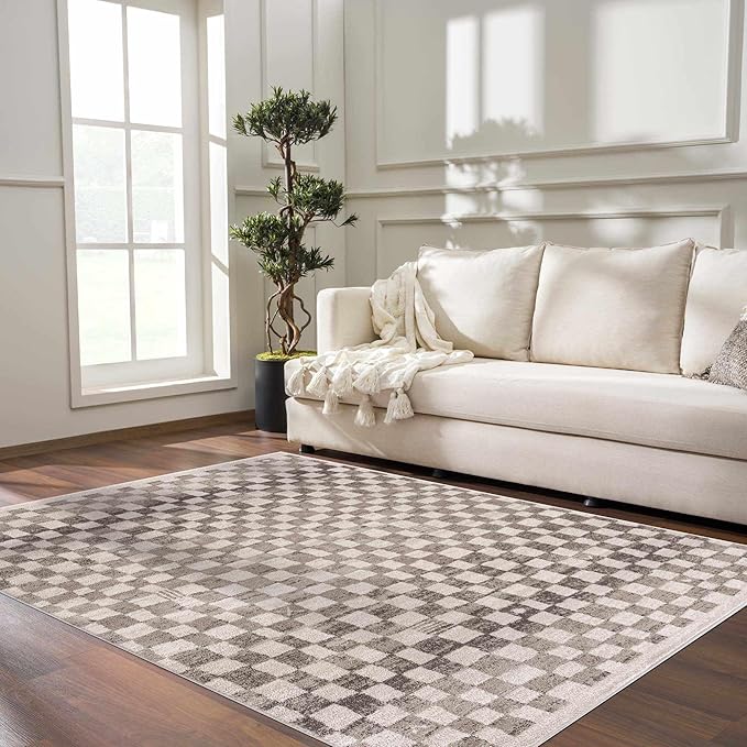 Hauteloom Pertek Modern Checkered Runner Rug - Modern Geometric Carpet for Hallway, Kids Room, Nursery - Bohemian Boho Carpet - Cream, Beige, Tan - 2'7" x 7'3"