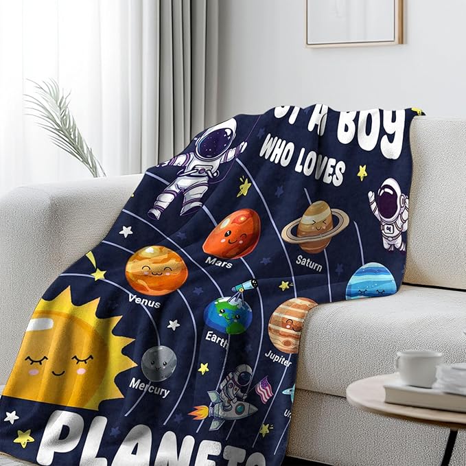 Just A Boy Who Loves Planet Solar System Space Blanket Gifts for Planets Lovers, Cute Planets Blanket Gifts for Christmas, Planet Birthday Gifts for Boys Son Men on Sofa Couch Bed 40"x 50"