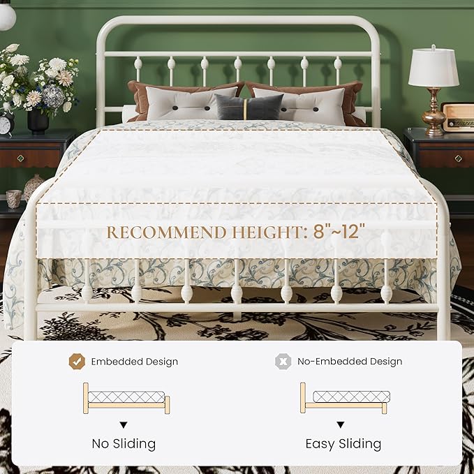 SHA CERLIN Full Size Metal Platform Bed Frame with Victorian Style Iron-Art Headboard and Footboard, Easy Assembly, Under Bed Storage, No Box Spring Required, White