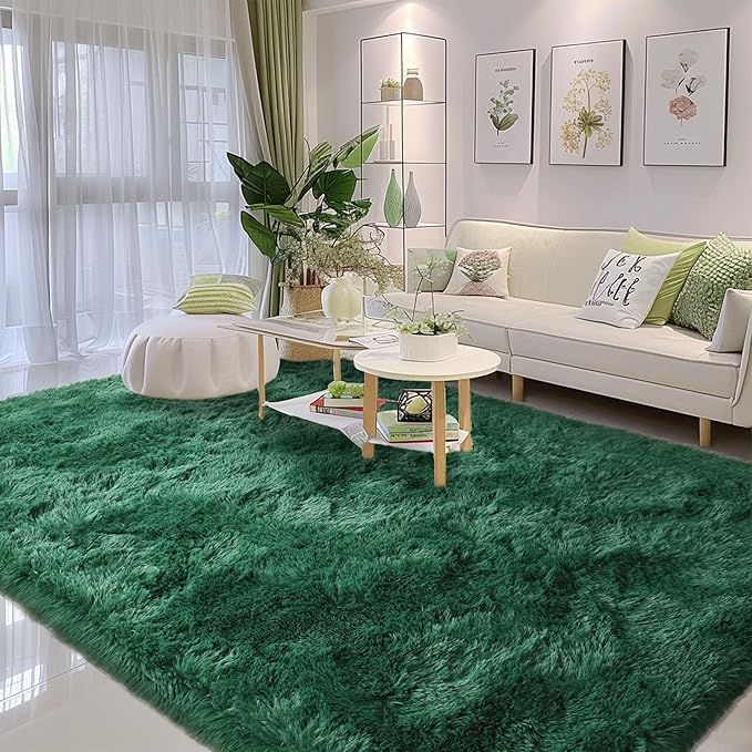 Fluffy Rug Washable 5x7 Feet, Emerald Green Nursery Rug for Baby Girl Play Room Cute Large Rugs for Living Room