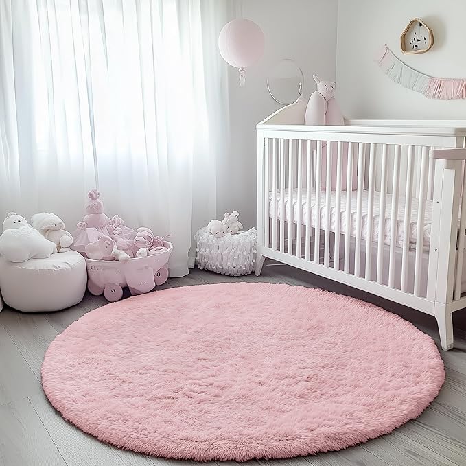 ONASAR Light Pink Round Area Rugs 4ft for Bedroom Living Room, Washable Fluffy Circle Rug for Kids Girls Boys Teen, Soft Plush Shaggy Carpet for Nursery Dorm Classroom Playroom Home Decor Aesthetic