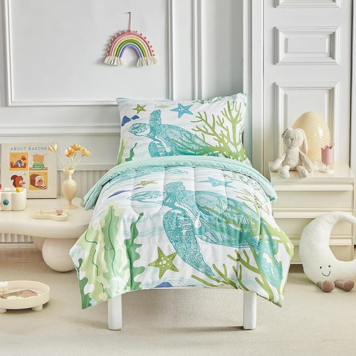4 Pieces Sea Turtle Toddler Bedding Set for Boys Girls Teal Blue White Toddler Bed Set with Seaweed Starfish Soft Blue Cute Toddler Bed in a Bag with Sheet Set and Pillow Shams