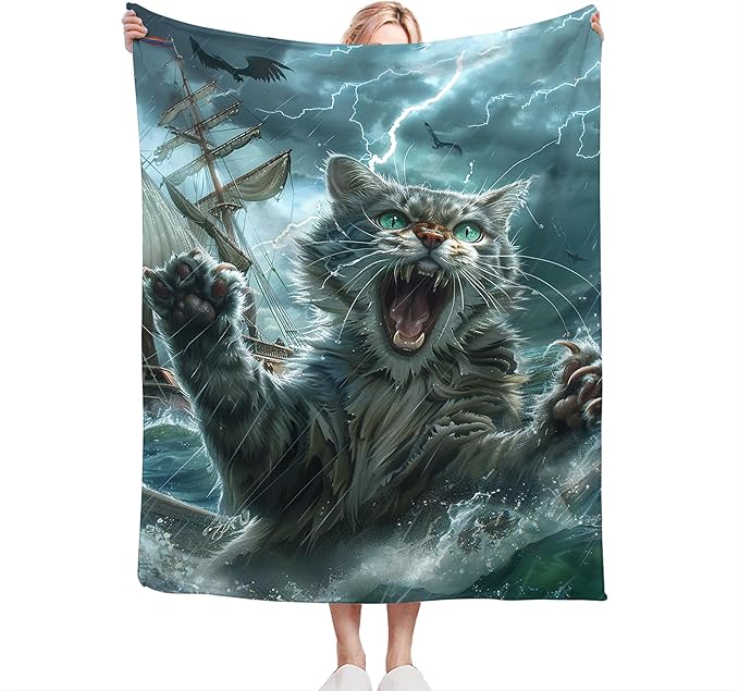 Flannel Cat Throw Blanket 80"x60" Blue and White Modern Style for Adults and Children, Lightweight, Anti-Allergy, Perfect for Napping, Reading, Travel, Camping