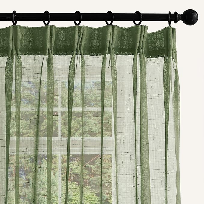 Sage Green Linen Look Sheer Curtains 96 Inches Long 2 Panels, Rustic Textured Light Filtering Drapes, Elegant Window Decor, Pinch Pleat Curtain with Hooks