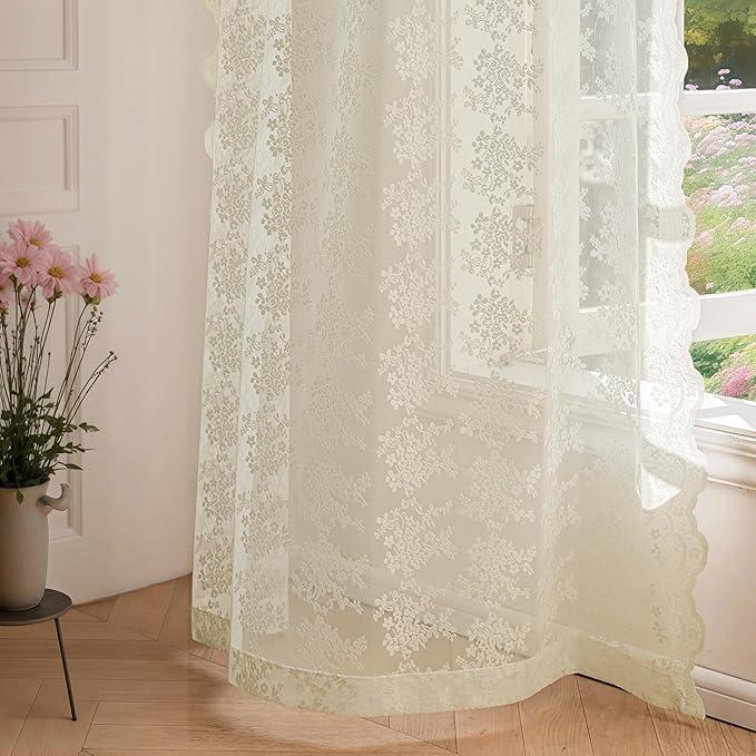 Anmao Vintage Lace Curtains 54 Inches Long 2 Panels Set, Romantic Elegant Light Filtering Semi Sheer Floral Thick Lacy Curtain Drapes for Living Room and Bedroom, Each Panel 55W x 54L, Ivory
