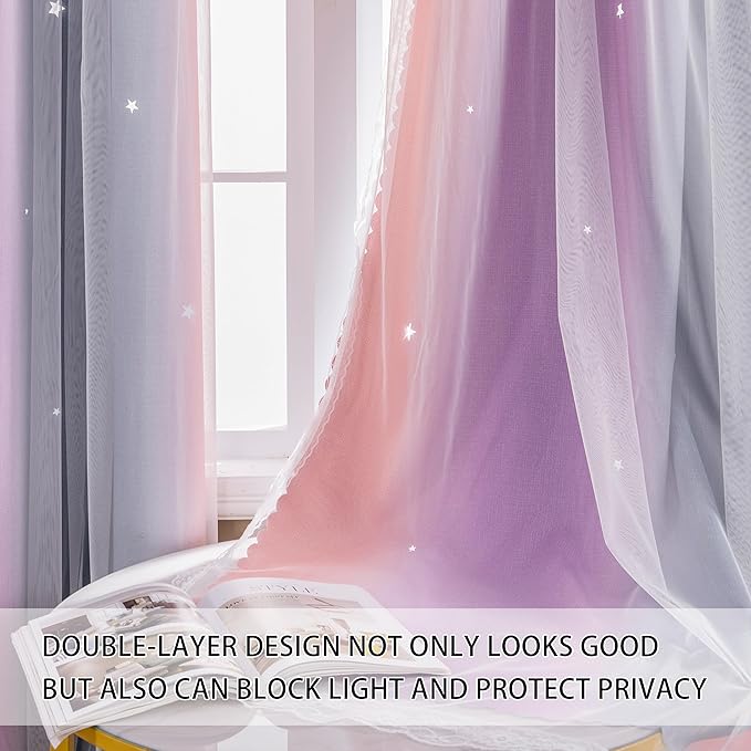 XiDi Grey Pink Purple 54 Inches Curtains for Girls Bedroom 2 Panels Set, Blackout Rainbow Curtains for Kids Room Decor, Unicorn Wall Decals Drapes for Little Girl Nursery Room 52 Inches Wide