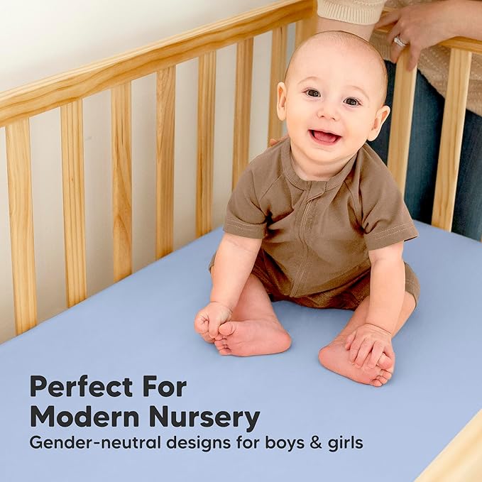2-Pack Waterproof Baby Crib Sheets for Boys, Girls - 52x28 Viscose Derived from Bamboo Toddler Bed Sheet Neutral, Fitted Crib Mattress Protector Cover for Baby Bedding, Soft & Gentle (Blue Flax)
