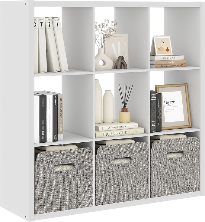 White 9 Cube Storage Organizer with Thickness Wooden Board, Wooden Nice Cube Storage Organizer, 9 White Cubbies Shelf for Bedroom, Living Room, Playroom, 14.6" × 43.8" × 43.8"