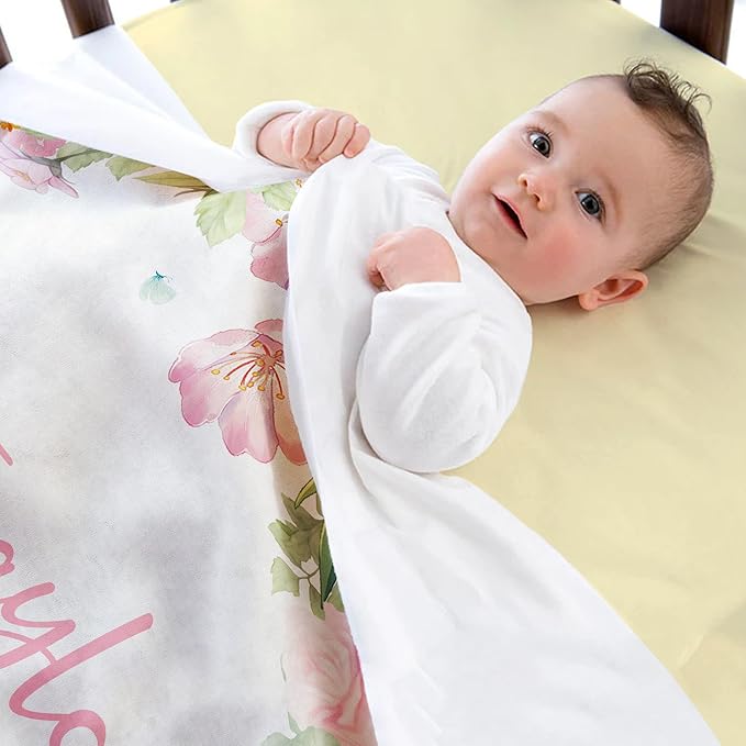 Ship Next Day, Personalized Baby Blankets for Girls, Custom Kids Blanket with Name Flowers, Receiving Blankets for Newborn Girl Gifts Swaddle, Customized Baby Shower Birthday