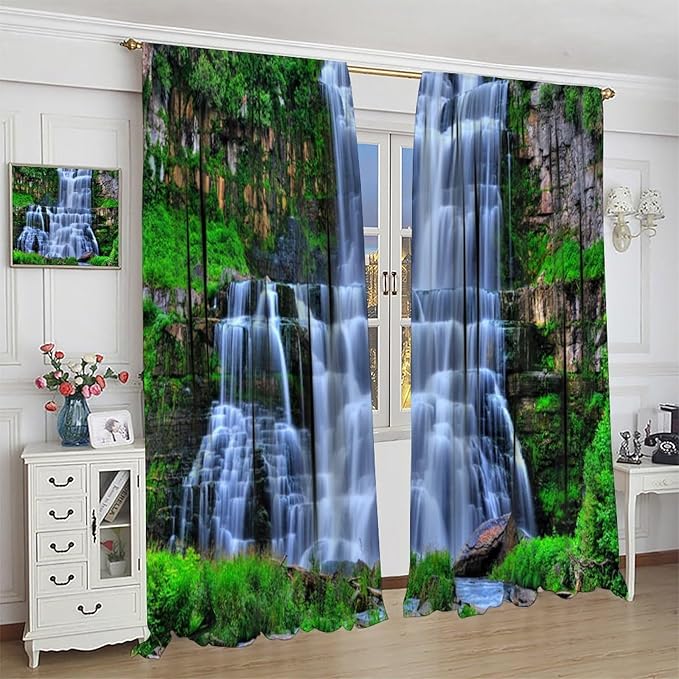 Nature Scenery Waterfall Blackout Curtains, Forest Waterfall Landscape Green Jungle Stone Falls Print Pattern Rod Pocket Window Drapes, for Bedroom Living Room 84" W X 84" L
