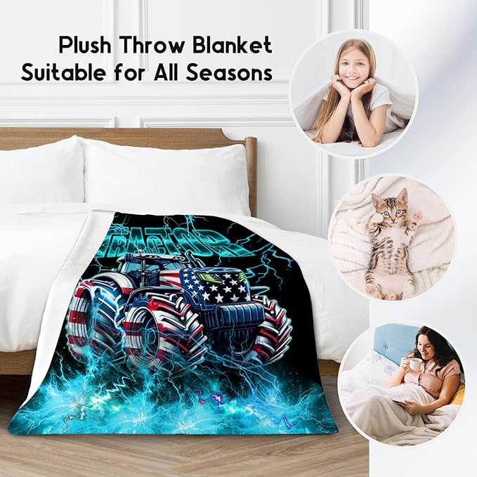 Kids Blanket Tractor Blankets Gifts for Toddler Boys Teens, 60"x80" Fleece Soft Cozy Car Theme Throw for Bed Living Room