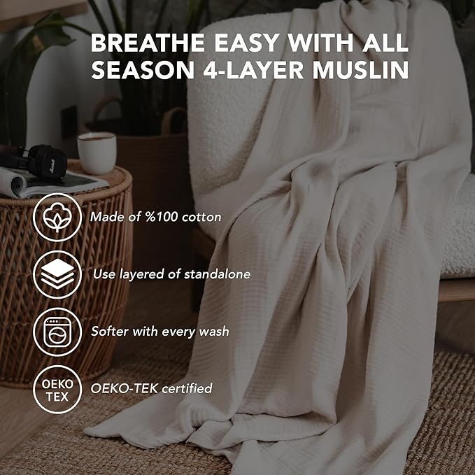 Goqan Muslin Blanket King Size 90x108 – 100% Cotton 4 Layer Boho Muslin Blanket for Adults, Lightweight, Soft, Breathable for Bed, Couch - Beige