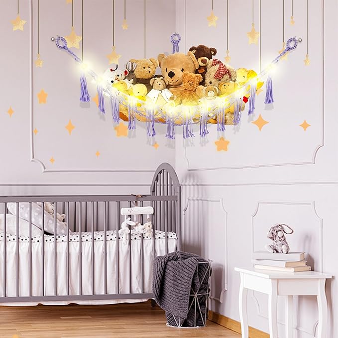 Stuffed Animal Hammock with LED Light, Large Stuffed Animals Storage Corner Plushie Net for Kids Room Decor, 2 Packs Purple
