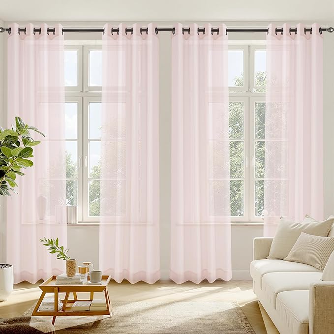 RYB HOME Peach Blush Sheer Curtains, Light Filtering Grommet Elegant Extra Long Window Panels, Airy & Breathable Voile Sheer Drapes for Kitchen, Living Room, Bedroom, 54W by 96L, Set of 4