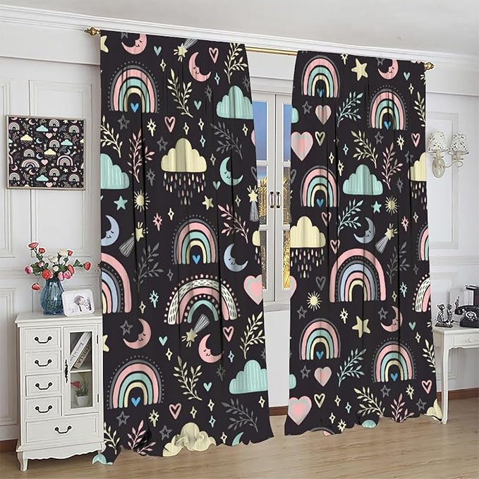 Boho Rainbow Curtains for Kids Nursery Colorful Floral Sun Star Clouds Pastel Bohemian Pattern Print Window Drapes for Girl Bedroom Living Room Kitchen Decor,2 Panel Set,55Wx63H Inch Blackout