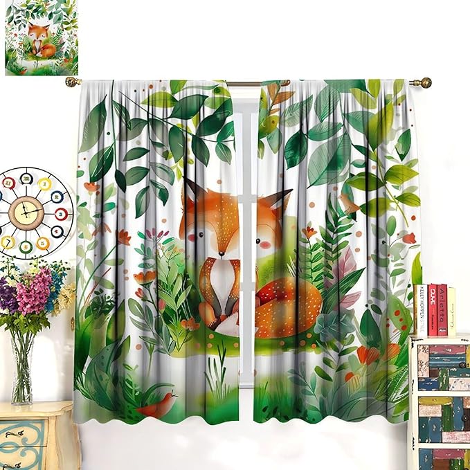 Kids Fox Blackout Curtain Cute Cartoon Fox Window Treatment for Girls Boys Bedroom Wildlife Woodland Animal Botanical Plant Window Drapes for Living Room Teens Nursery W42xL63