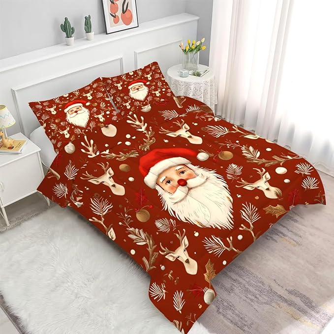 Red Christmas Comforter Set Twin Size Santa Claus Bedding for Kids Girls Women Xmas Reindeer Merry Christmas Bedroom Quilt Bed Sets, 1 Comforter 1 Pillowcase