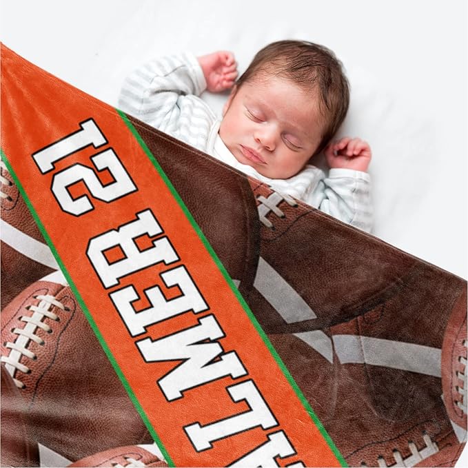Personalized Football Baby Blanket Gifts: Custom Soft Flannel Fabric Blankets with Name Number for 0-6 Years Kids Boys Girls - Warm and Comfortable(30X40inch)