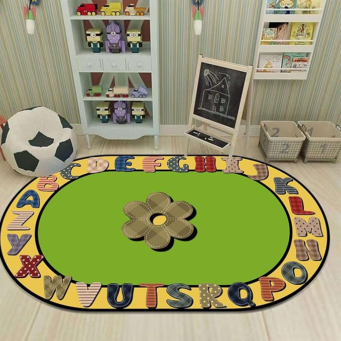 Children's Area Rugs, 5x6ft, Educational And Fun Rugs with ABC Alphabet, Early Learning Rug for Playroom Game Activity, Plaid Floral Non-Slip Soft Indoor Play Mat for Bedroom Nursery, Oval Rug