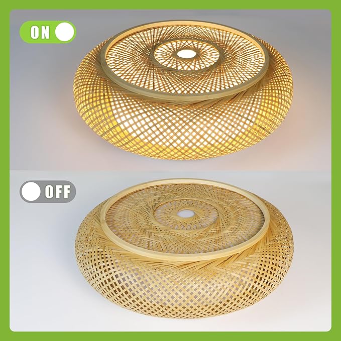 23.6 in Bamboo Woven Rattan-Style Ceiling Light, Boho Ceiling Light Fixture with Remote, LED Dimmable Ceiling Light, Boho Light Fixture for Bedroom Living Room Dining Room Light