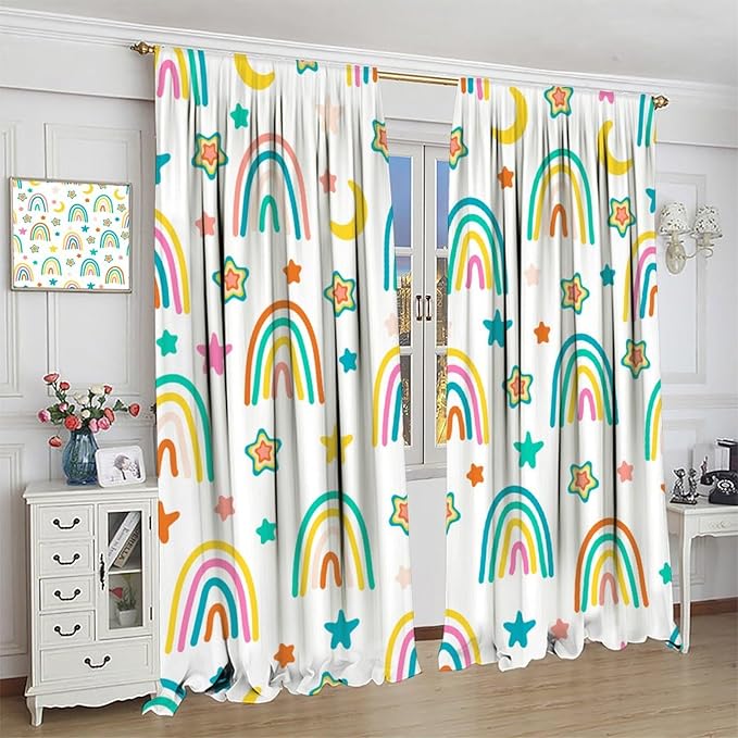 Kids Rainbow Curtains Cartoon Rainbow Abstract Bohemia Floral Lovely Stars Pattern Print Window Drapes for Girl Bedroom Living Room Kitchen Decor,2 Panel Set,72Wx63H Inch Blackout