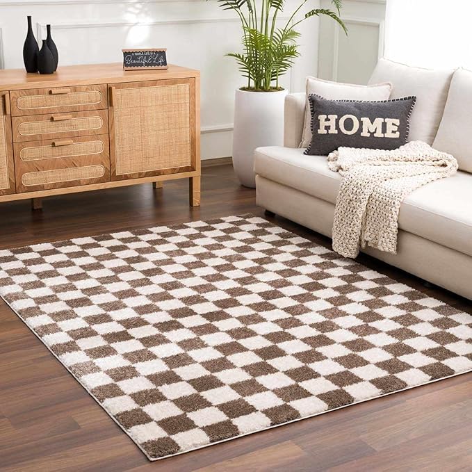 Hauteloom Canika Modern Checkered High Pile Area Rug - Contemporary Geometric Carpet for Living Room, Bedroom - Machine Washable Area Rug - Peach, Dark Brown - 2' x 2'11"