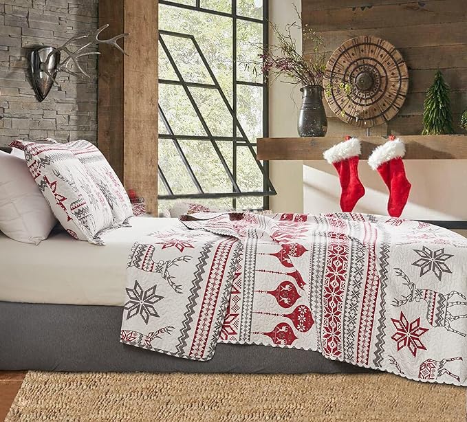 Christmas Quilt Set Twin Size Christmas Bedding Xmas Quilt Bedspread Coverlet Holiday Christmas Bed Set Deer Snowflake Christmas Decor Quilt Soft Lightweight Christmas Quilt Bedding,Red White