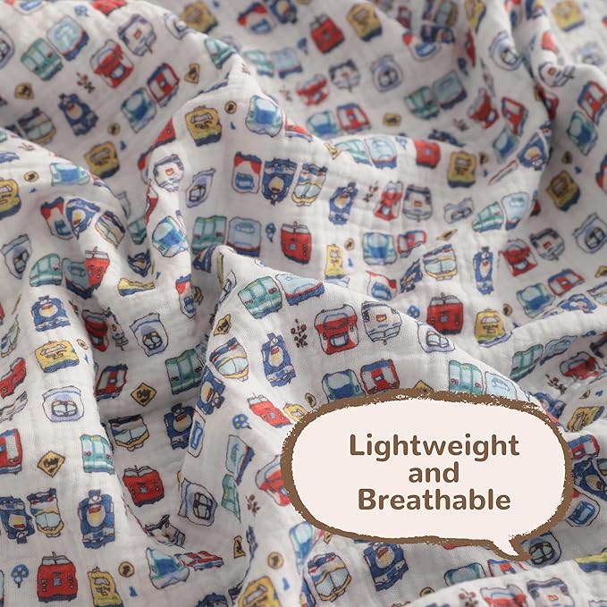 NTBAY 4 Layer Muslin Cotton Toddler Blanket, 30x40 Soft and Breathable Receiving for Newborns and Infants, Perfect for Crib, Stroller, Travel, Lightweight Nursery Blanket, Cartoon Train