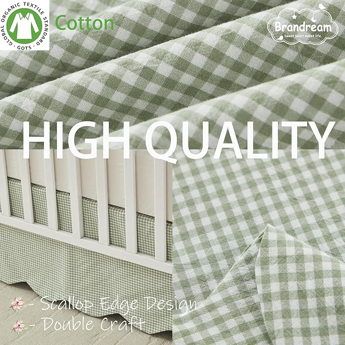 Brandream Scallop Edge Cotton Crib Skirt, Baby Boy, Baby Girl, Gender Neutral Crib Skirt Toddler Bedskirt Farmhouse Chic Nursery Crib Bed Skirt, Boho Bohemian Solid Green Gingham