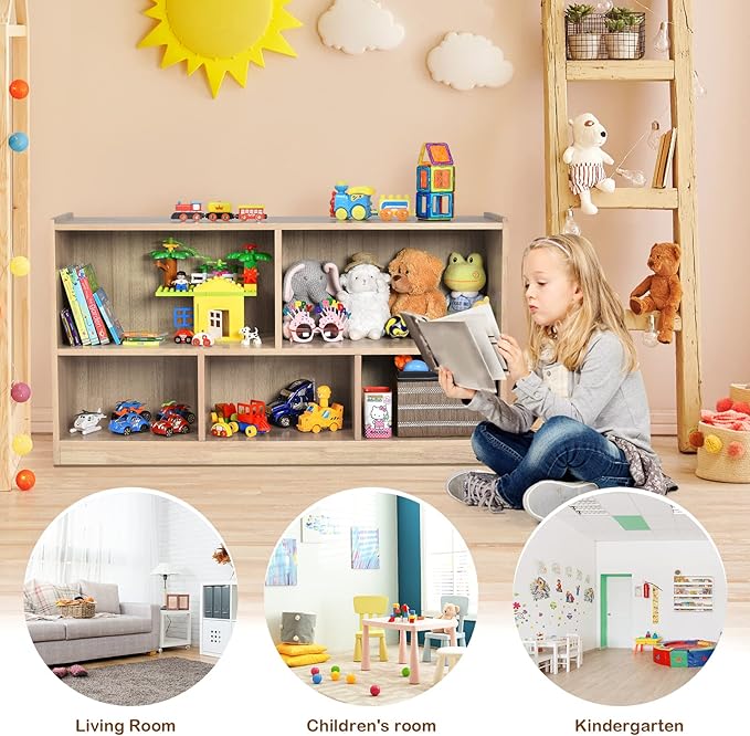 Costzon 2-Shelf Bookcase for Kids, Wooden Toy Storage Organizer for Books Toys, 5-Section Freestanding Classroom Daycare Montessori Bookshelf for Preschool, Home Playroom & Kindergarten (Natural)