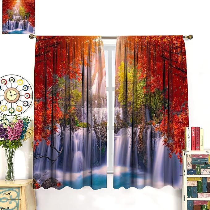 Forest Waterfall Blackout Windows Curtains, Autumn Red Green Maple Leaves Jungle Rainforest Natural Scenery Landscape Curtains, for Living Room Bedroom 84x84in 2 Panels