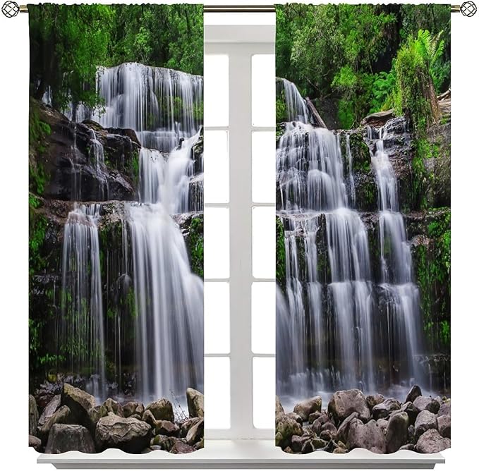 Natural Scenery Blackout Curtains, Spring Rustic Forest Waterfall River Landscape Window Drapes, for Bedroom Living Room 63" W X 63" L