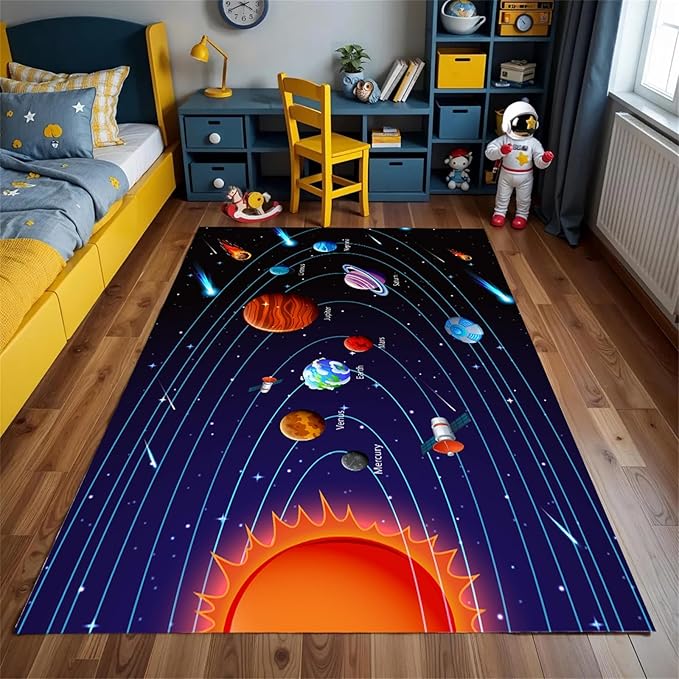 Cartoon Space Solar System Planet Area Rug,5x7ft,Outer Space Themed Rugs, Non-Slip Washable, Easy Care Rug, Suitable for Kids Playroom, Boys and Girls Room Decor