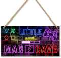 Little Man Cave, Neon Gaming Wooden Door Sign for Gamer Room Decor, Boys Decorations for Men Teenager Bedroom Nursery Playroom Wall Art - 6"x12" -A05