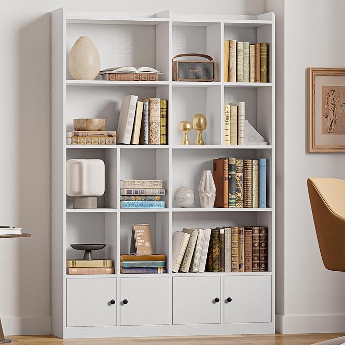 IRONCK Bookshelves and Bookcase, 6 Tiers Large Bookshelf with 4 Doors, Floor Standing Tall Display Storage Shelves for Home Office, Living Room, Bedroom, White
