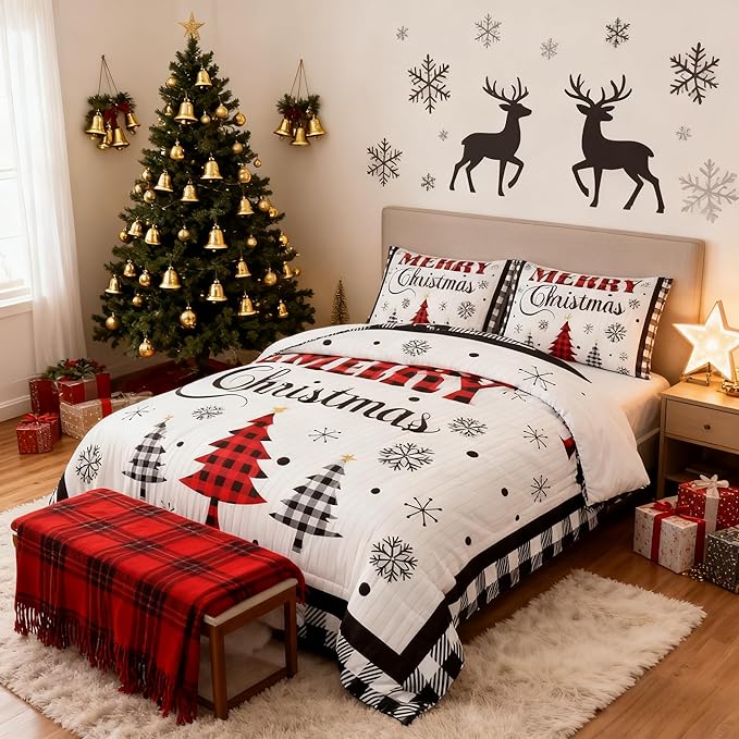 Merry Christmas New Year Kids Comforter Set Queen Size,Snowflake Pine Trees Bedding,Girls Boys Adults Bedroom/Xmas Cabin Decor,Grids Geometric Fashion Down Comforter,Rustic Duvet Insert,2 Pillowcases